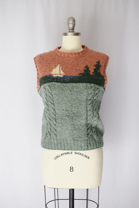 1980s Maine Scene Knit Wool Pullover | M