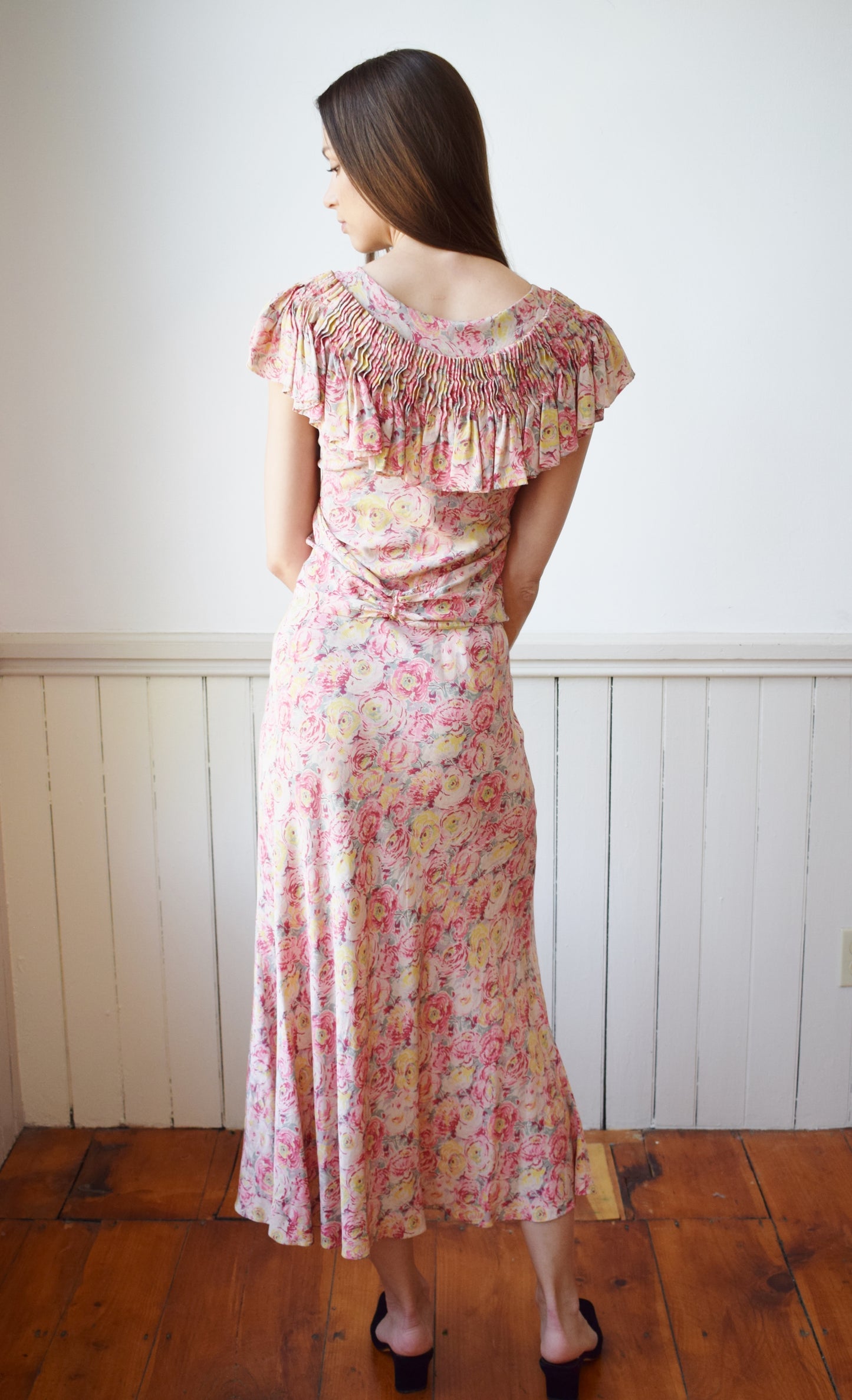 1930s Silk Rose Dress with Capelet Collar | XXS/XS