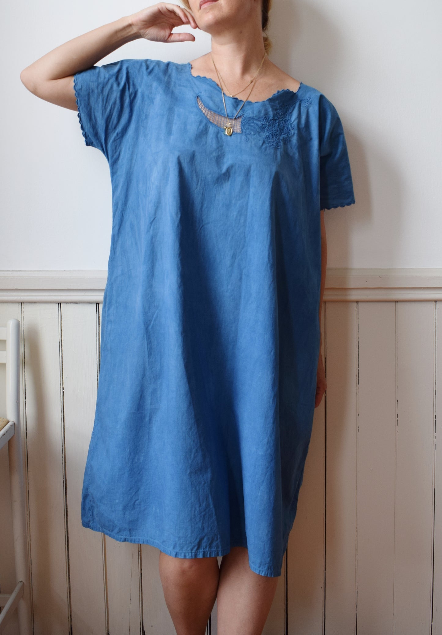 Antique Cotton Dress Dip Dyed in Natural Indigo | XL