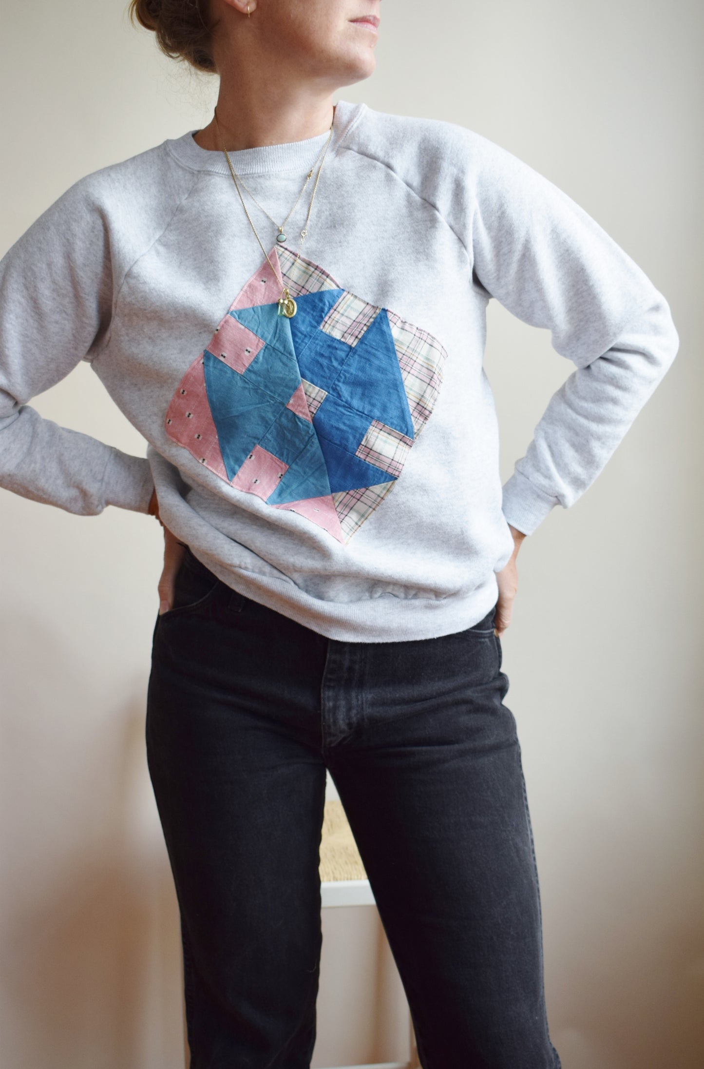 Vintage Raglan with Quilt Square Patch | Light Grey | M