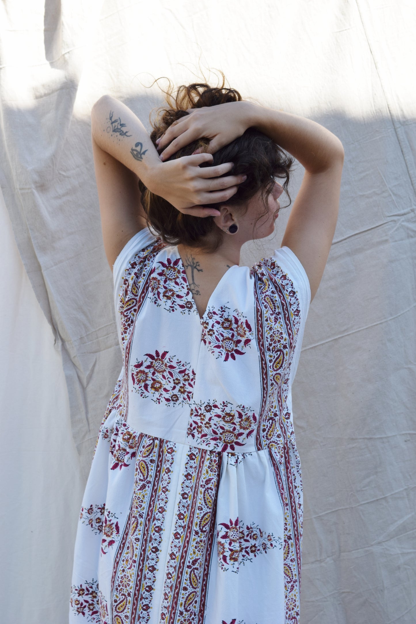 RESERVED Donna Dress in White w/ Earthy Blockprint | XS/S/M