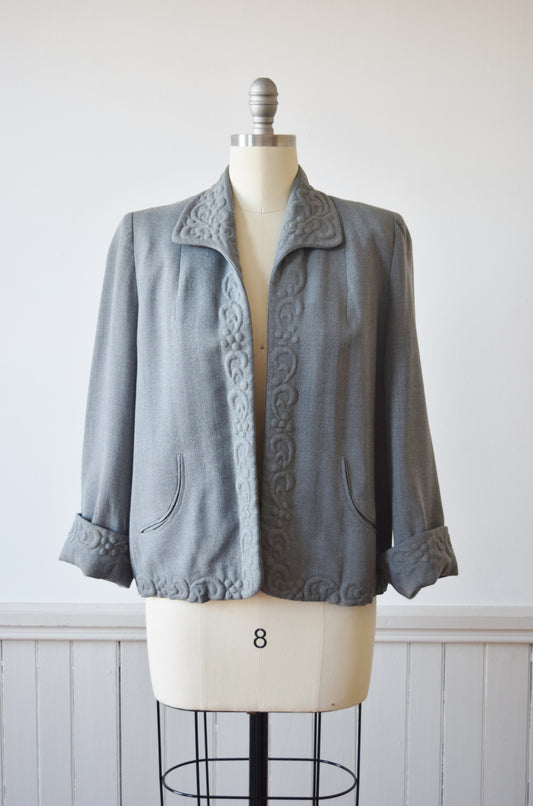 1940s Trapunto Grey Wool Swing Jacket | M