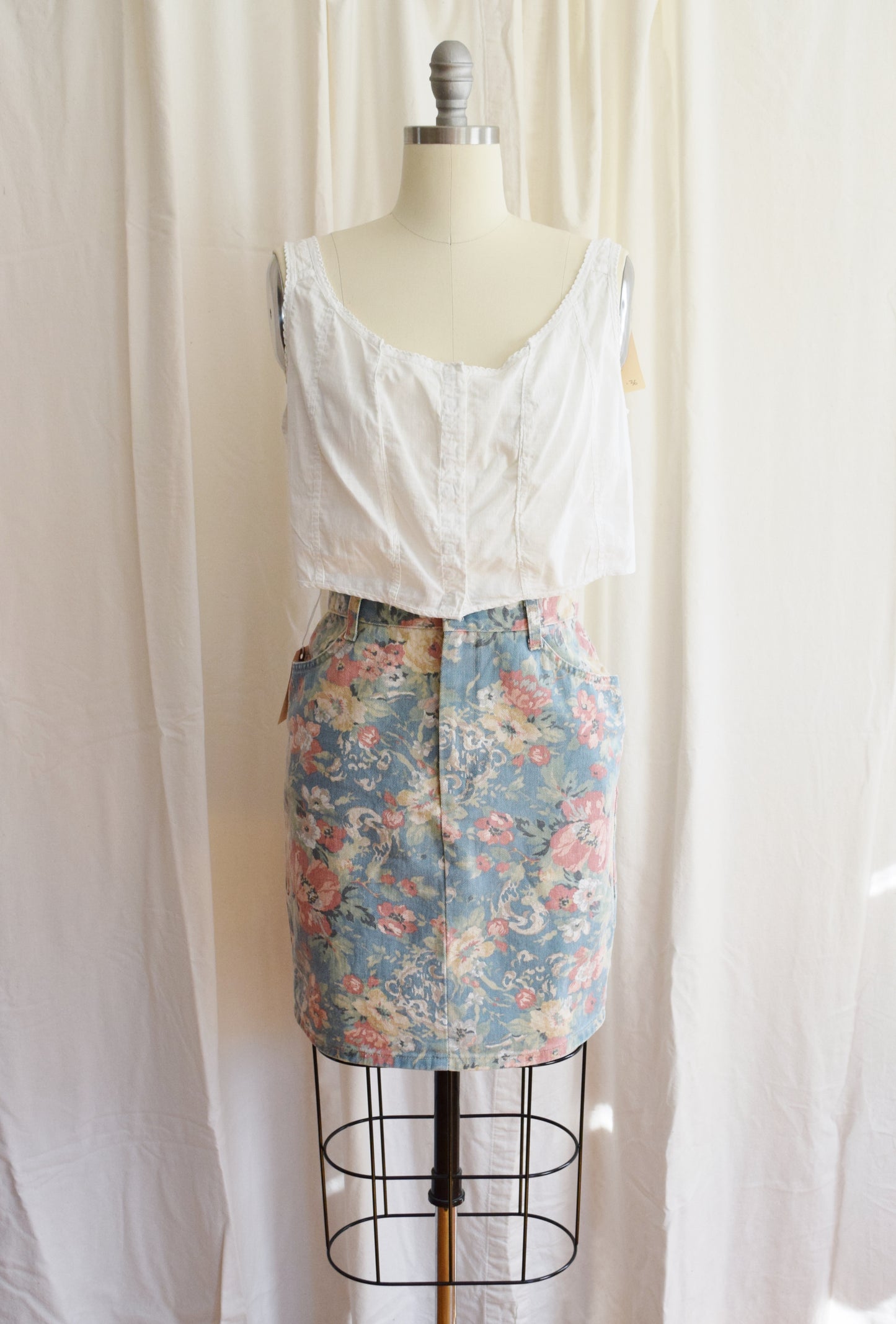 1980s Pastel Floral Print Denim Skirt