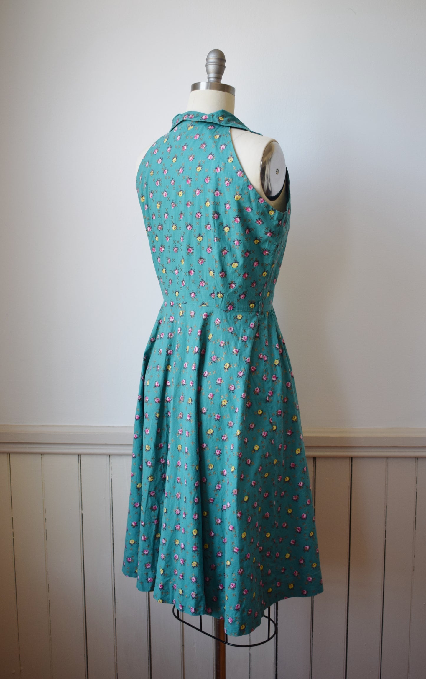 1950s Teal + Rose Print Day Dress | M