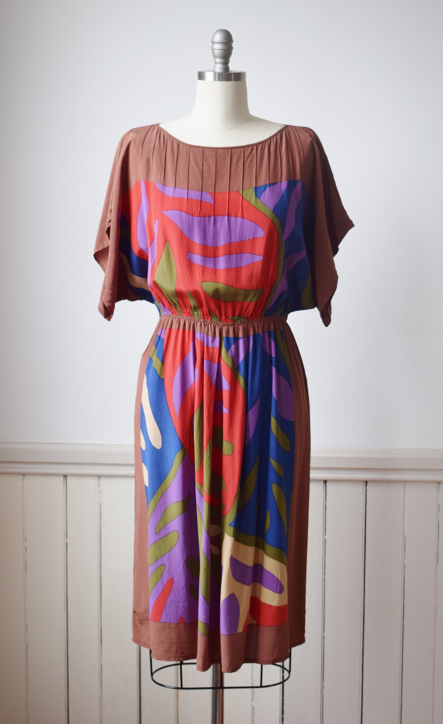 1980s Silk Abstract Leaf Print Dress by Soo Yung Lee | M/L
