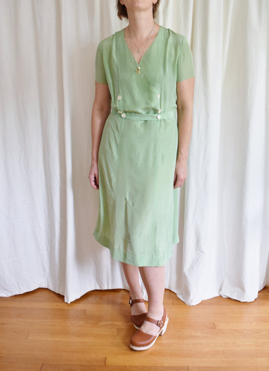 Late 1920s / early 30s Sage Silk Day Dress