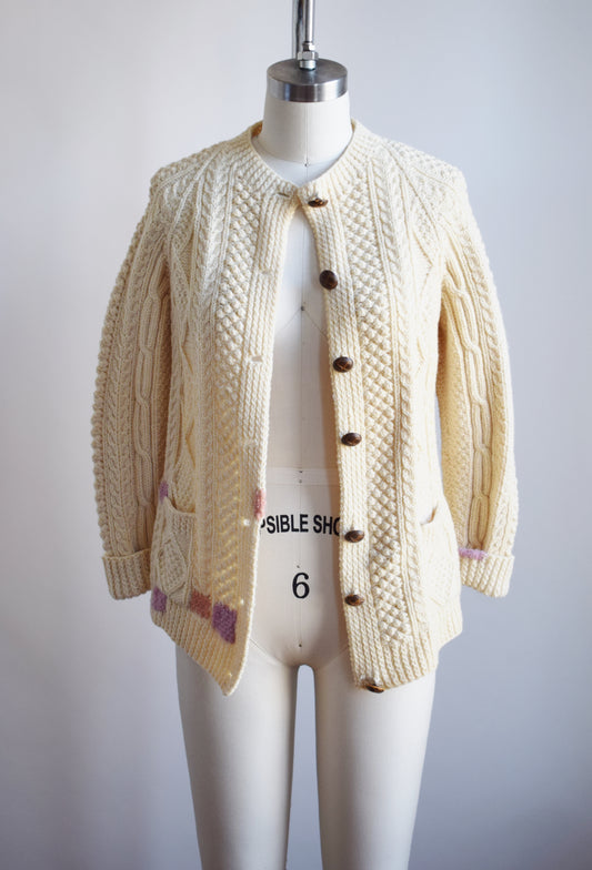 Classic Wool Cable Knit Cardigan with Darns | XS