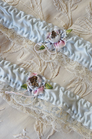 Baby Blue Silk Satin and Lace Garter Set | 1920s