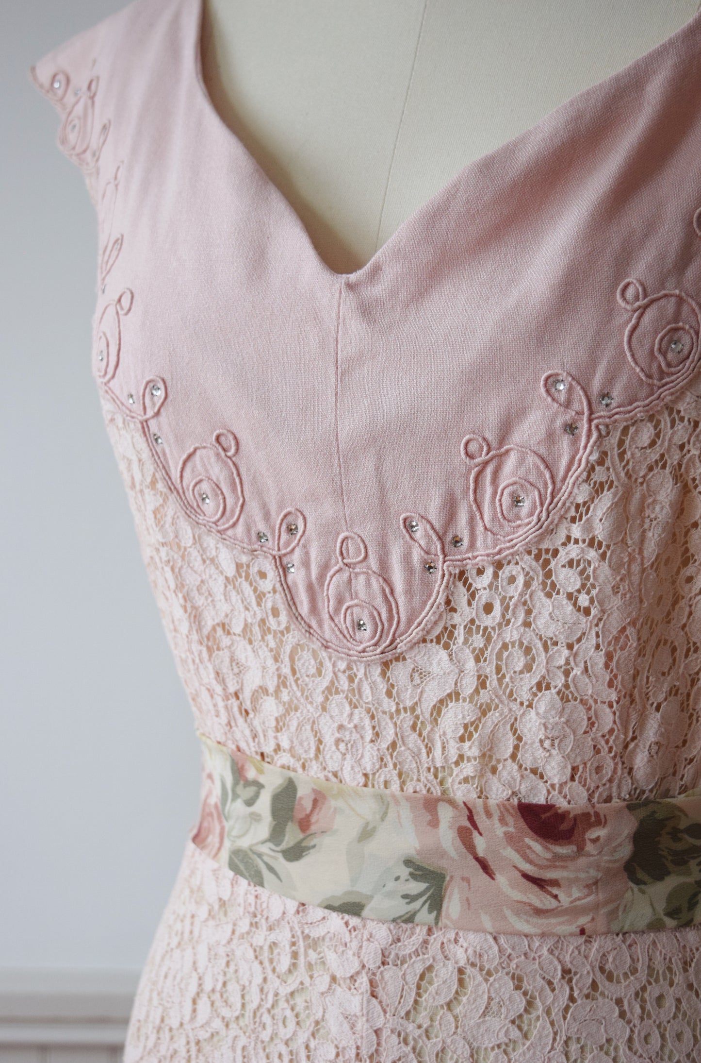 Blush Pink Lace Bodice Dress with Rhinestones | M