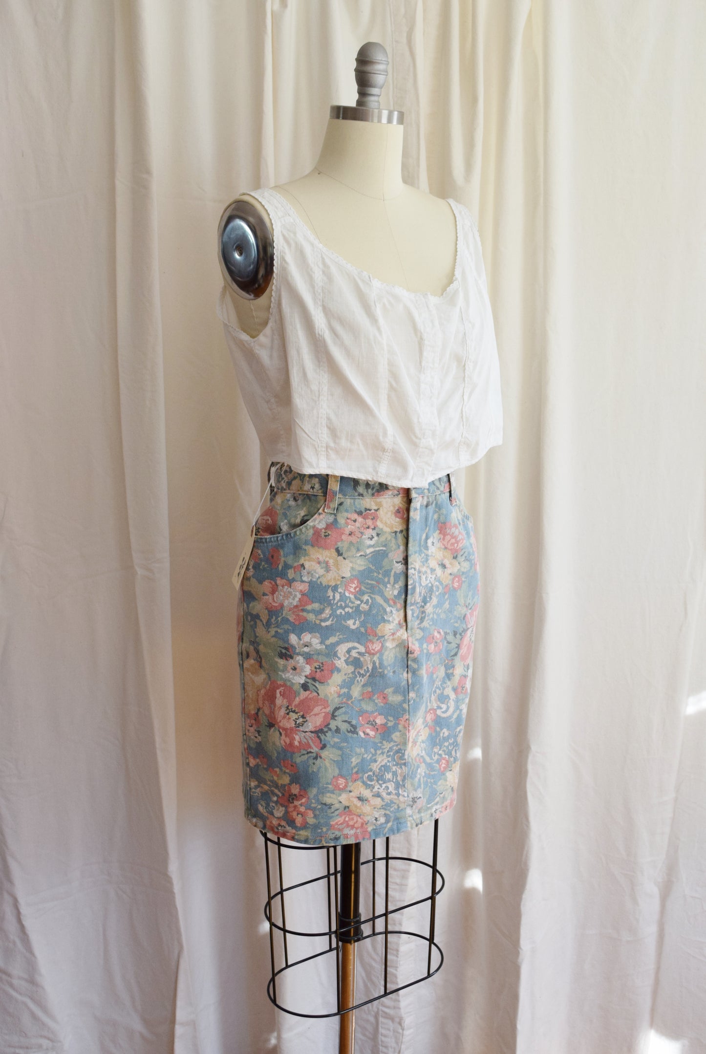 1980s Pastel Floral Print Denim Skirt