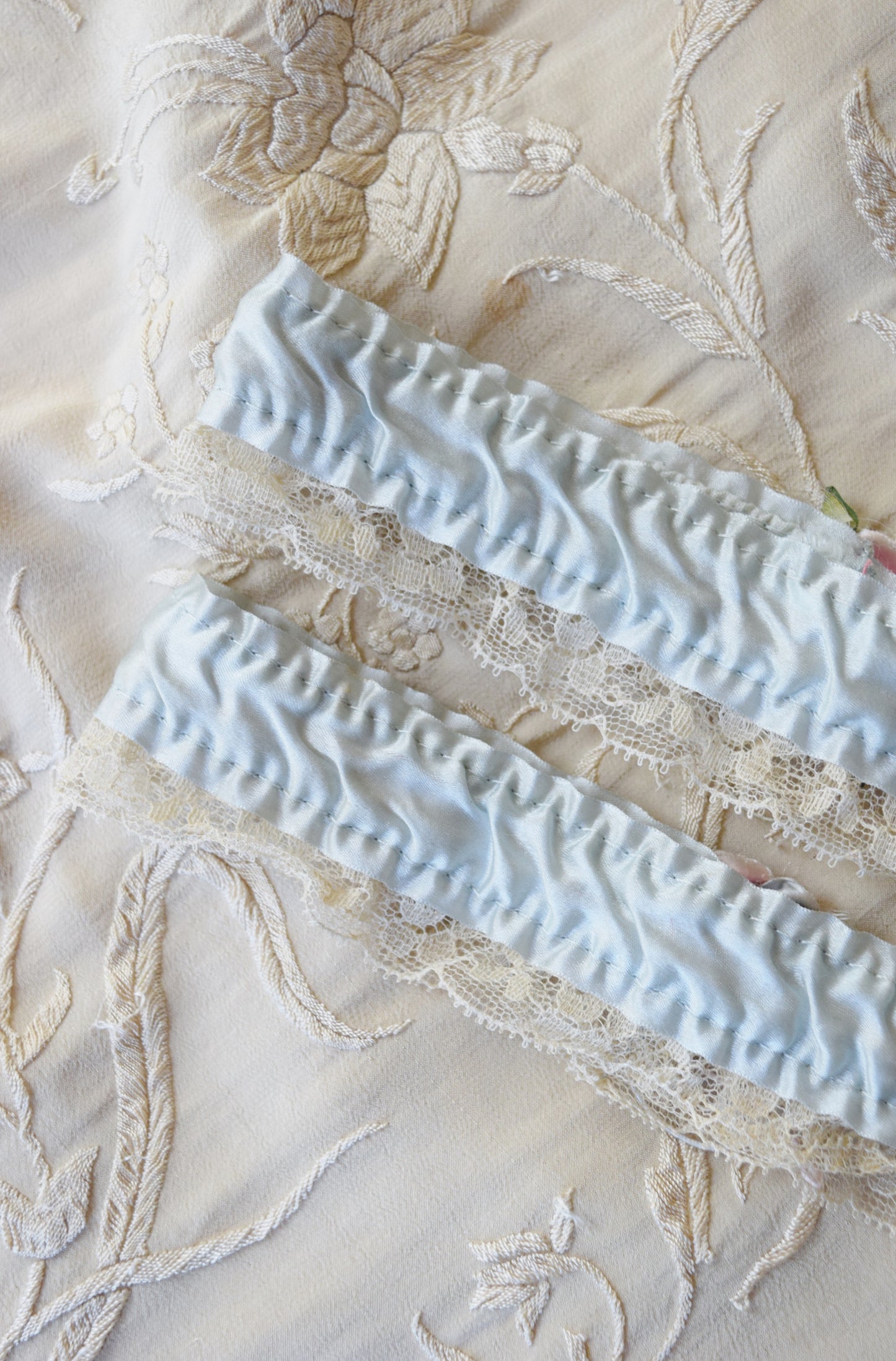 Baby Blue Silk Satin and Lace Garter Set | 1920s