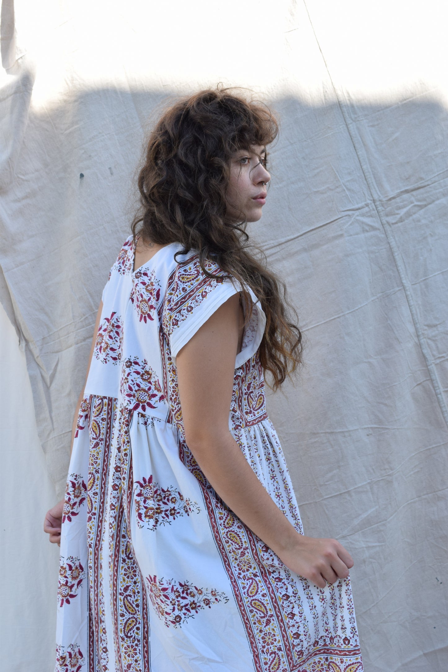 RESERVED Donna Dress in White w/ Earthy Blockprint | XS/S/M