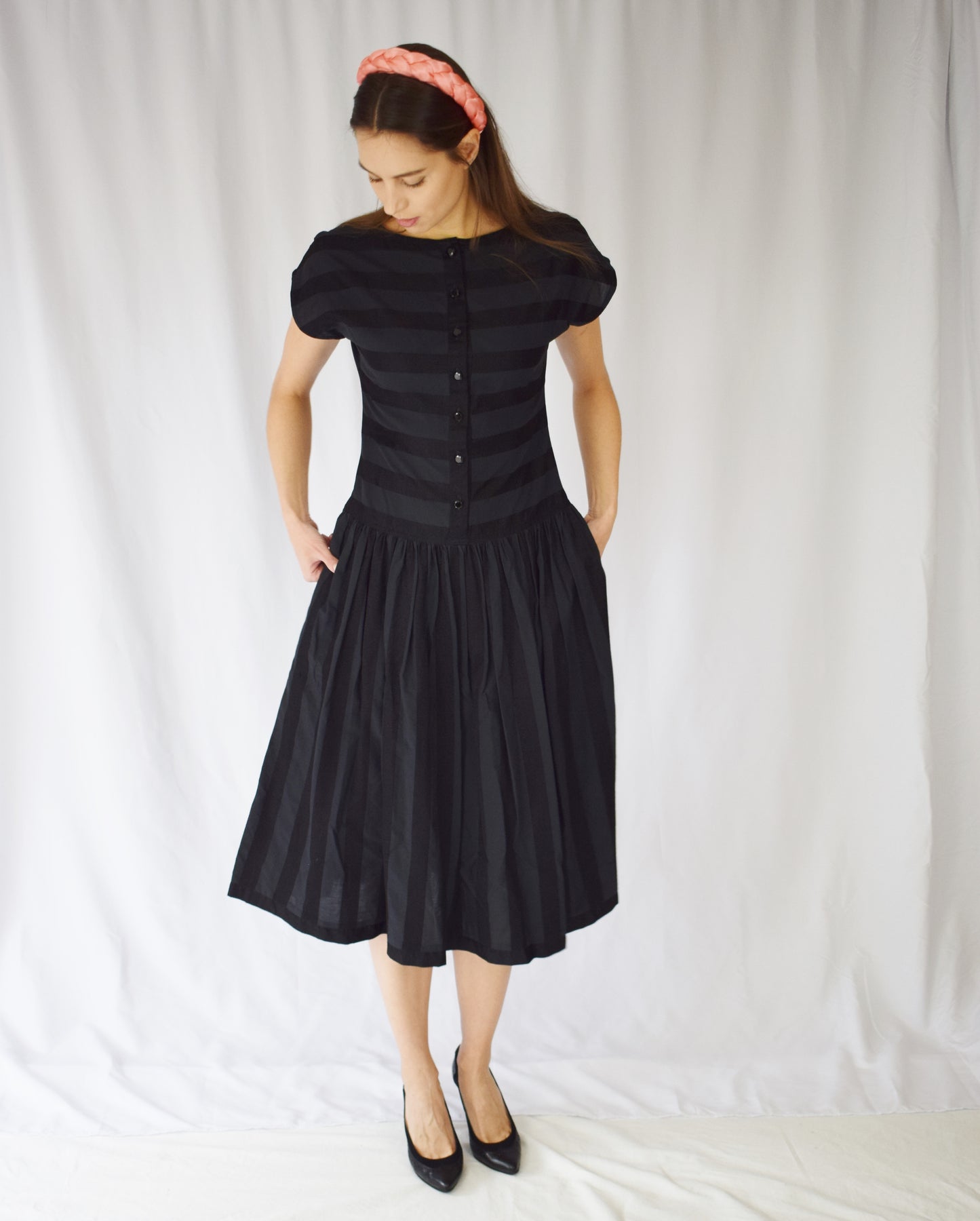 80s Geoffrey Beene Striped Weave Dress | XS