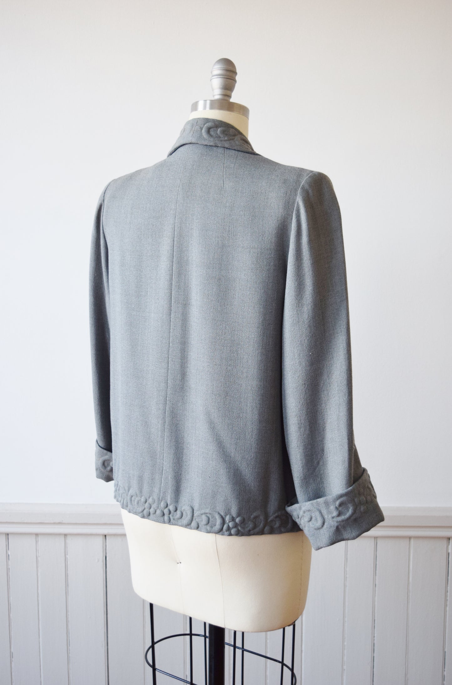 1940s Trapunto Grey Wool Swing Jacket | M