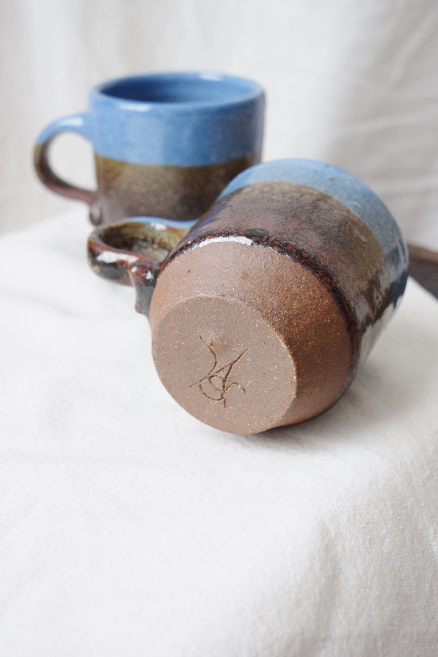 Pair of Hand Cast Striated Glaze Stoneware Mugs
