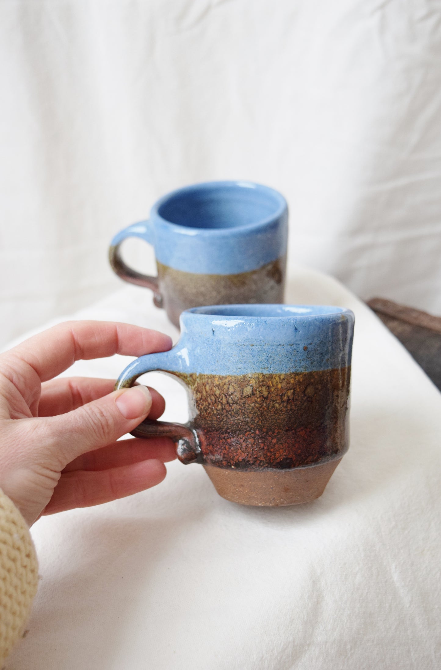 Pair of Hand Cast Striated Glaze Stoneware Mugs