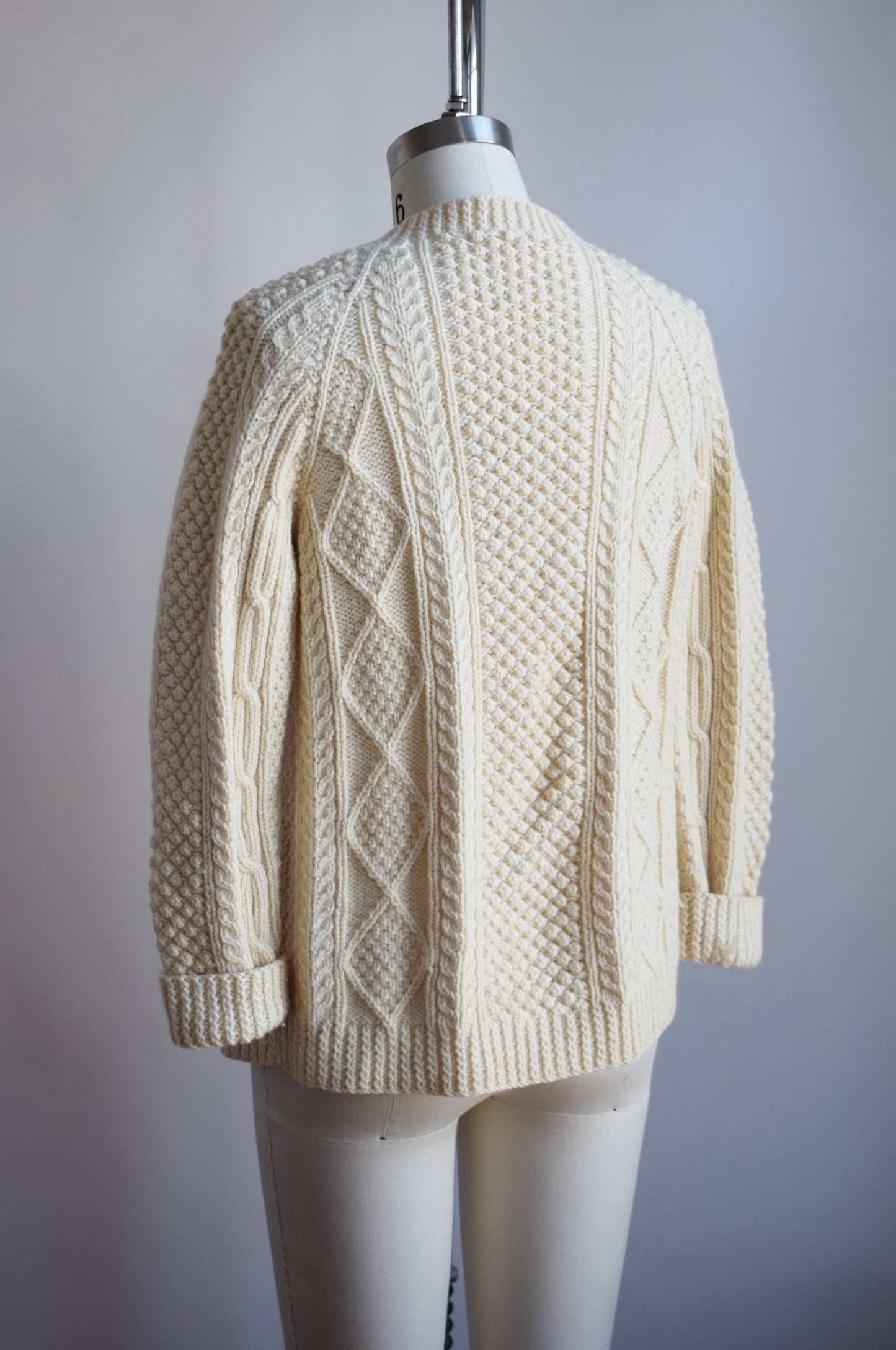 Classic Wool Cable Knit Cardigan with Darns | XS