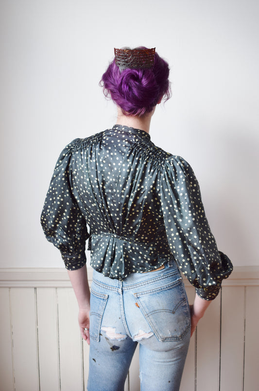 Antique Green Dot Silk Blouse | XS