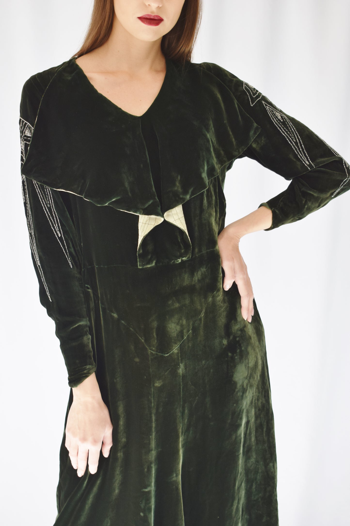 Antique 1920s Green Silk Velvet Dress | M
