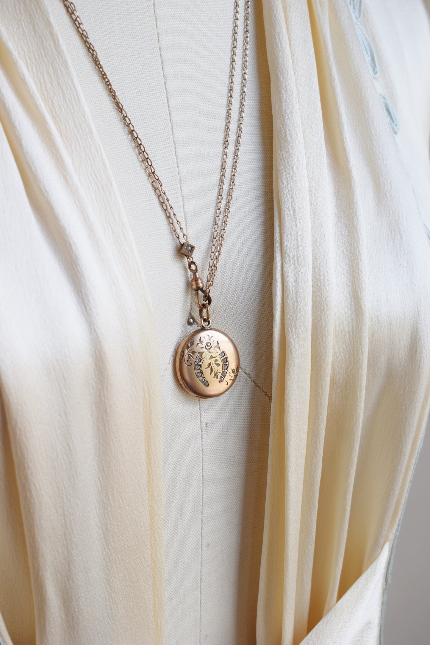 Antique Lucky Horseshoe Locket on Fob Chain with Pearl Slider