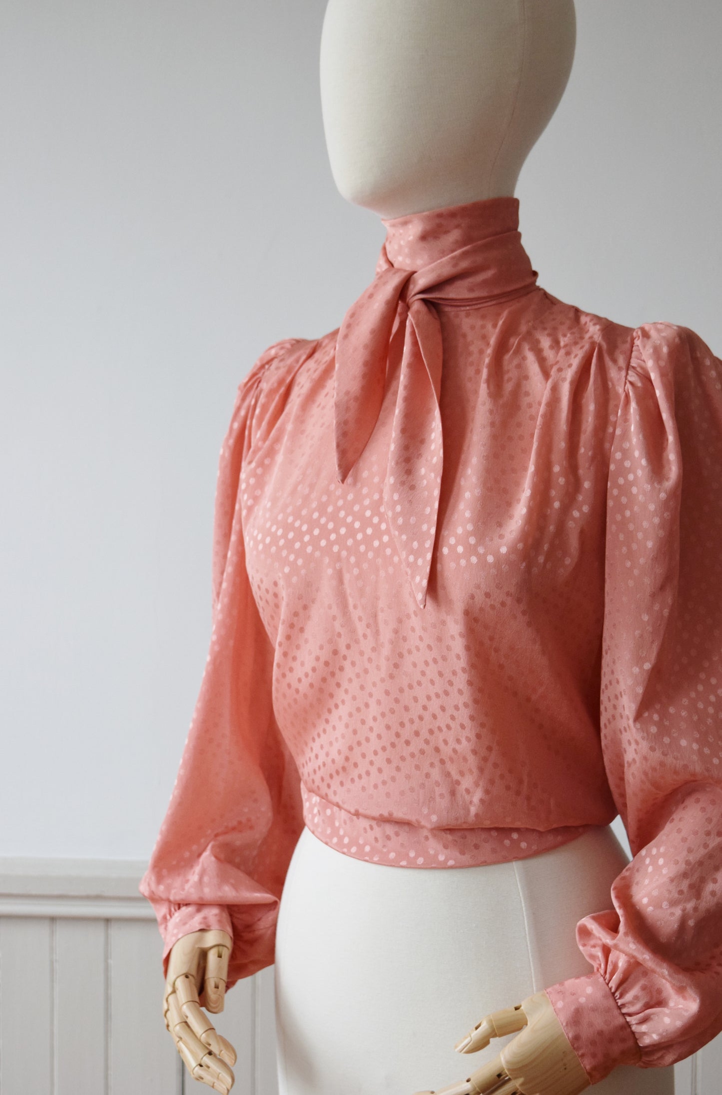 Peachy Silky Secretary Blouse | 1980s Pink Satin Blouse with Bishop Sleeves | M