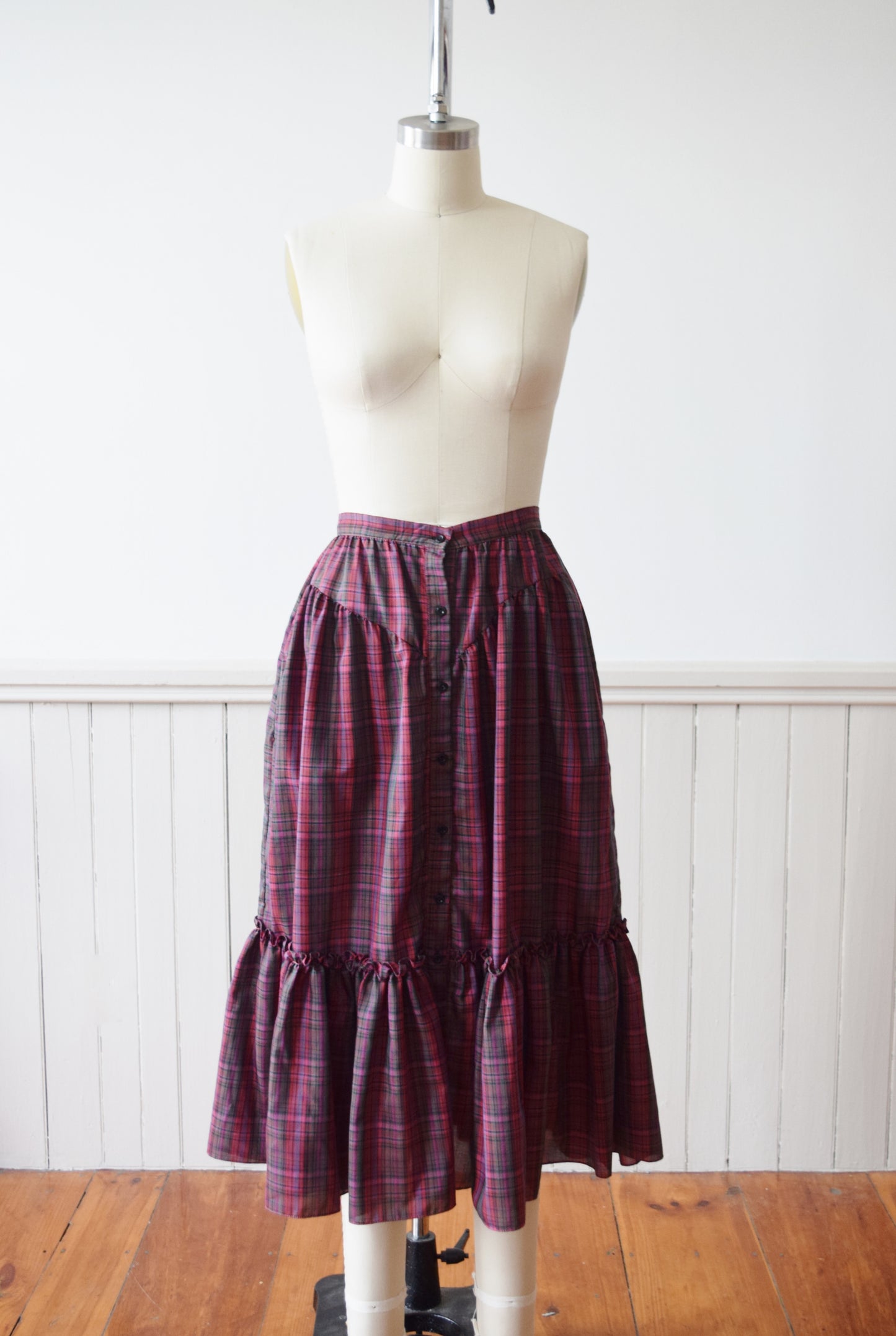 1970s Autumnal Plaid Midi Prairie Skirt | S