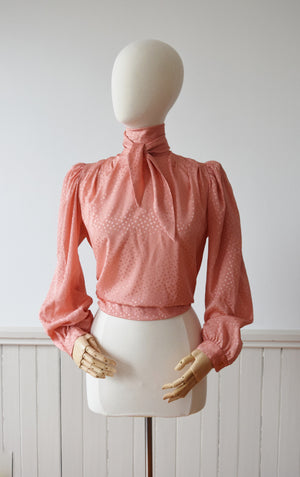 Peachy Silky Secretary Blouse | 1980s Pink Satin Blouse with Bishop Sleeves | M