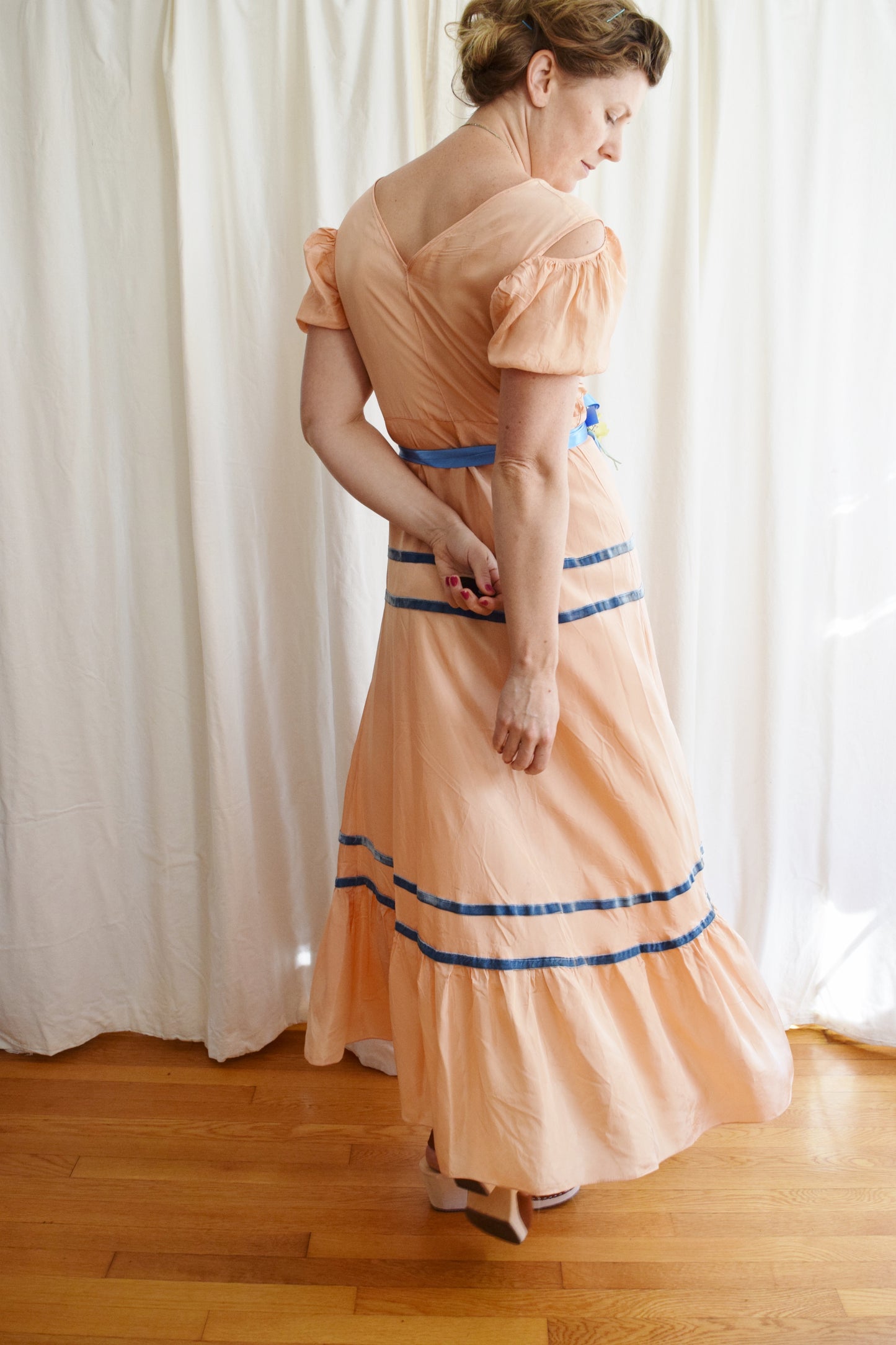 1930s Peachy Taffeta Puff Sleeve Gown with Cold Shoulder Detail
