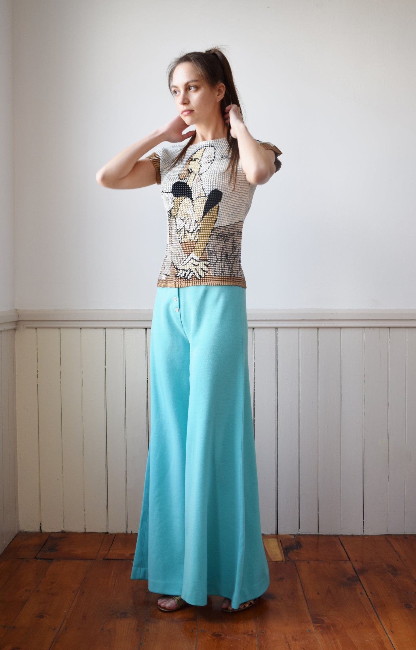 1970s Teal Knit Ultra Wide Leg Pants | XS