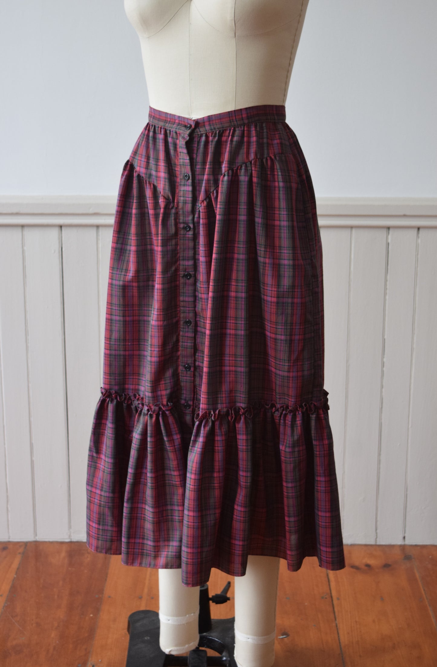 1970s Autumnal Plaid Midi Prairie Skirt | S