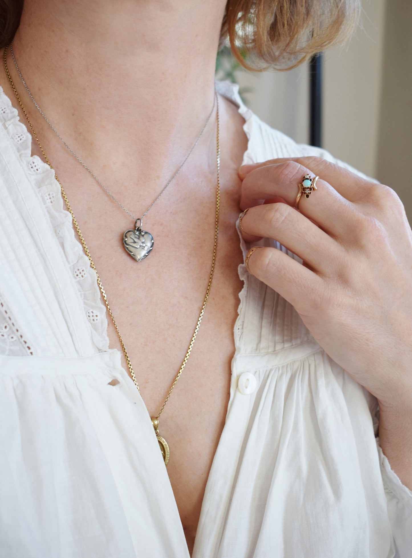 Vintage Silver Bluebird Heart Charm Necklace