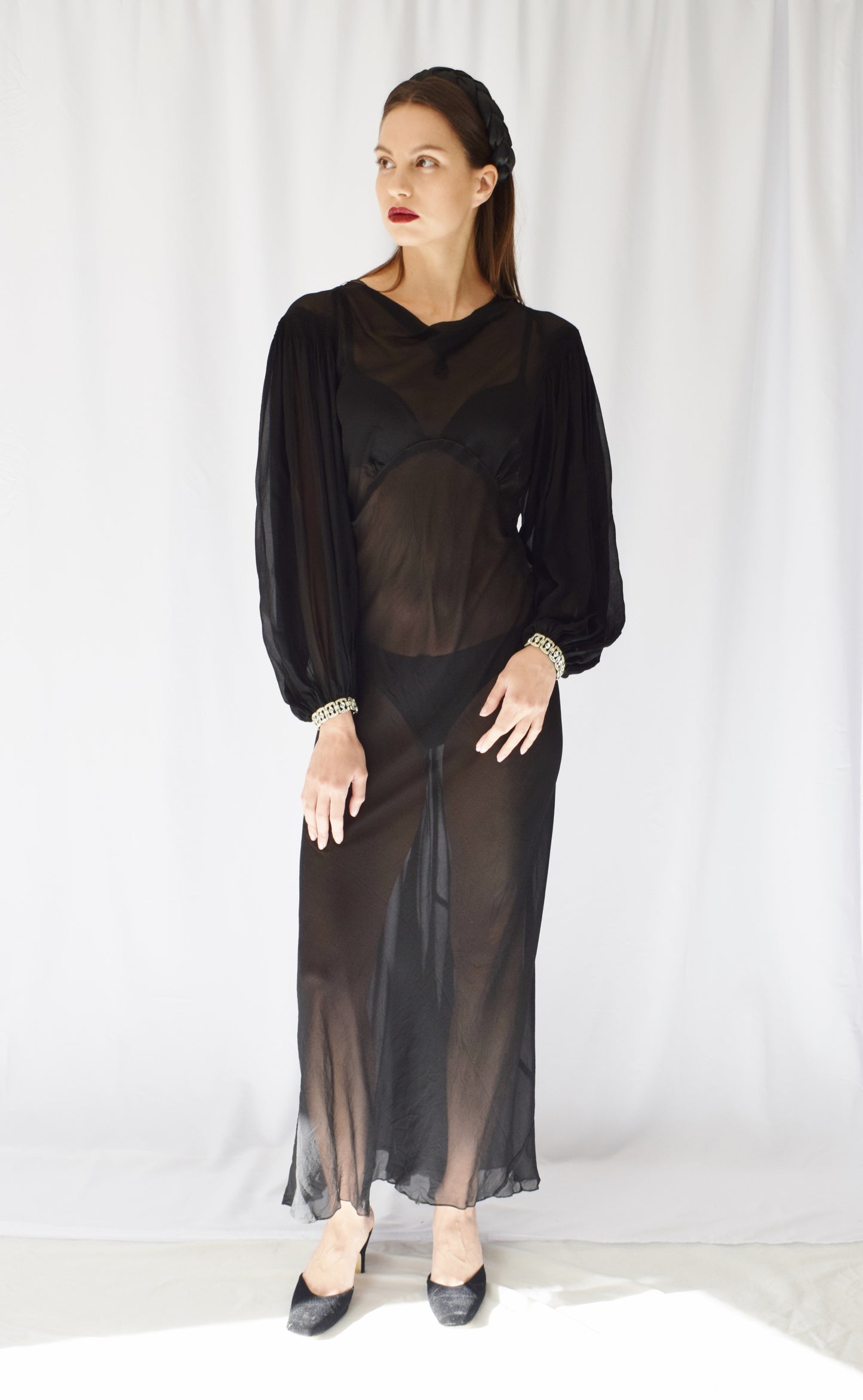 1930s Sheer Silk Gown with Balloon Sleeves | S/M