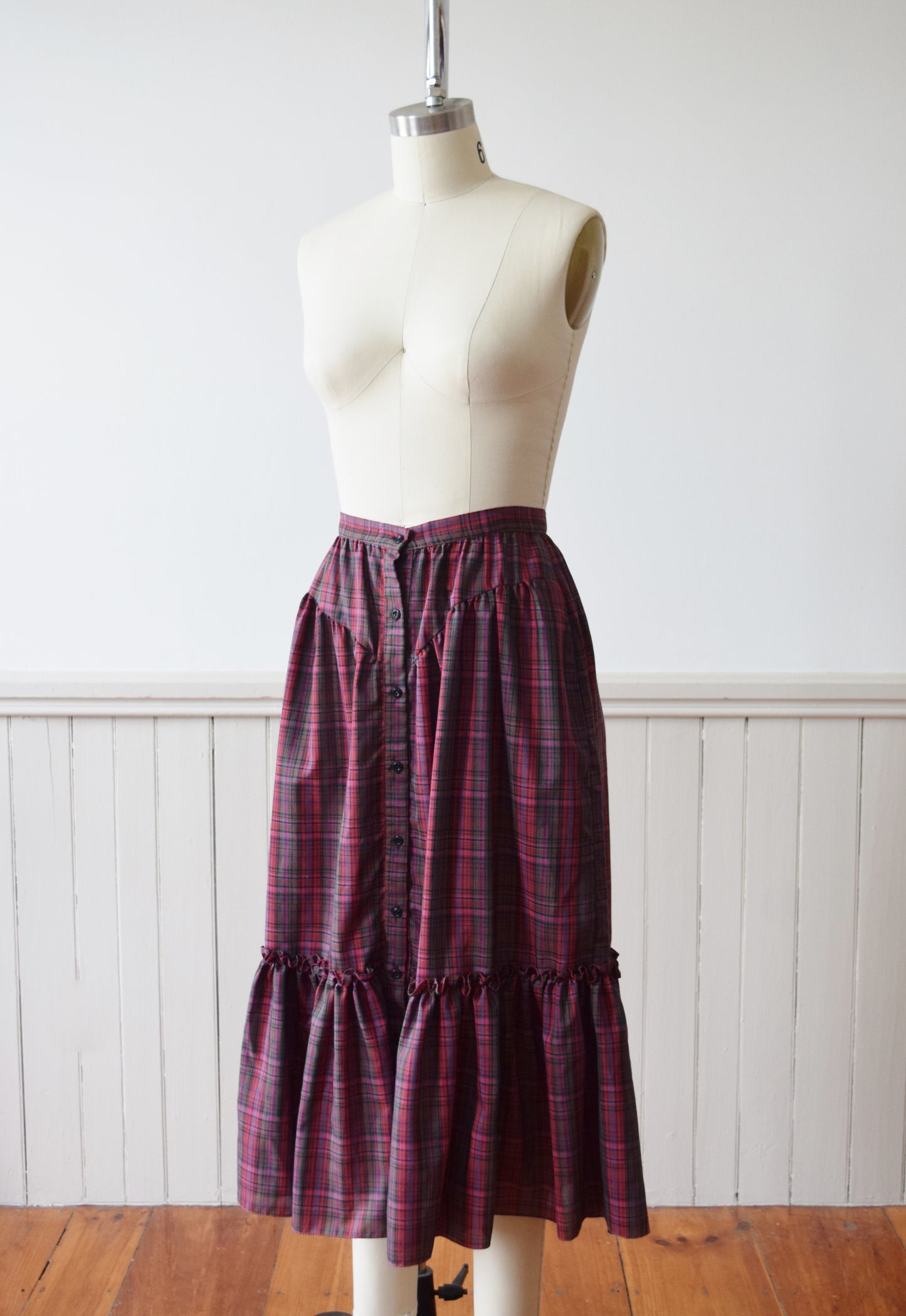 1970s Autumnal Plaid Midi Prairie Skirt | S