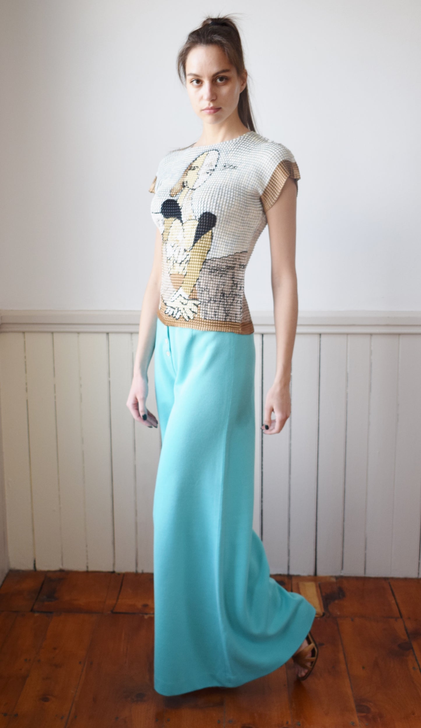 1970s Teal Knit Ultra Wide Leg Pants | XS