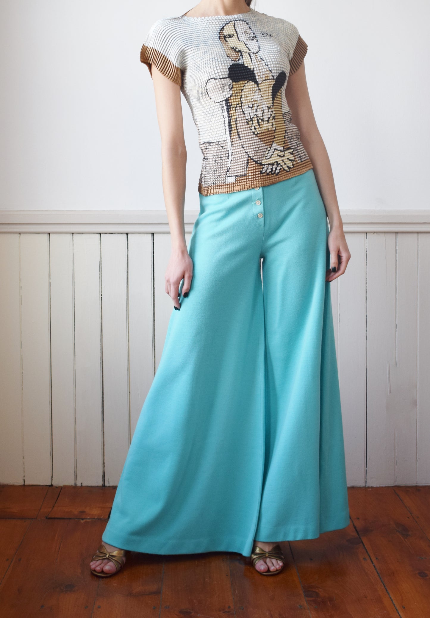 1970s Teal Knit Ultra Wide Leg Pants | XS