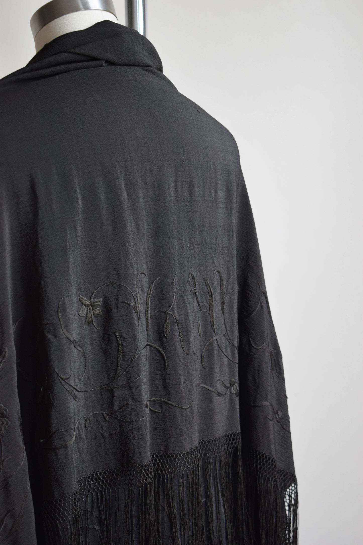 Antique Black Embroidered Silk Piano Shawl