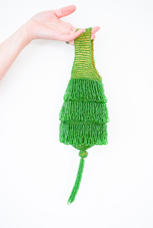 Antique Green Beaded Purse w Fringe and Tassel