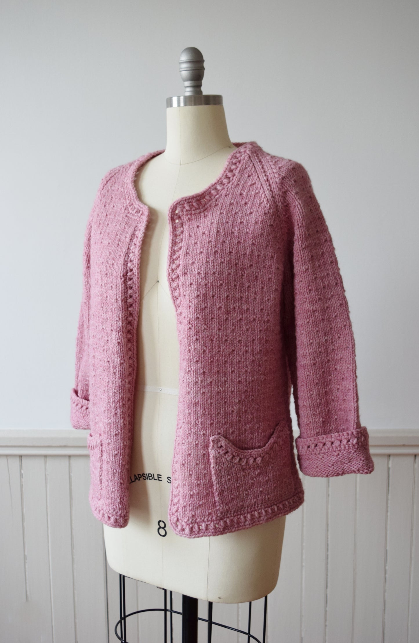 Hand Knit Textural Sorbet Pink Cardigan | Sweater | M