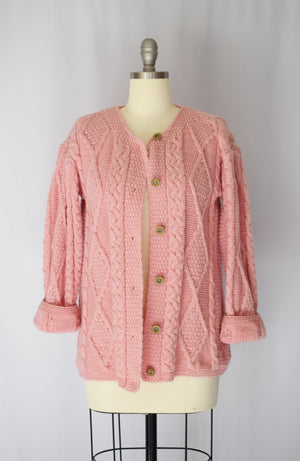 Classic Irish Wool Cable Knit Cardi in Dusky Pink | XS/S