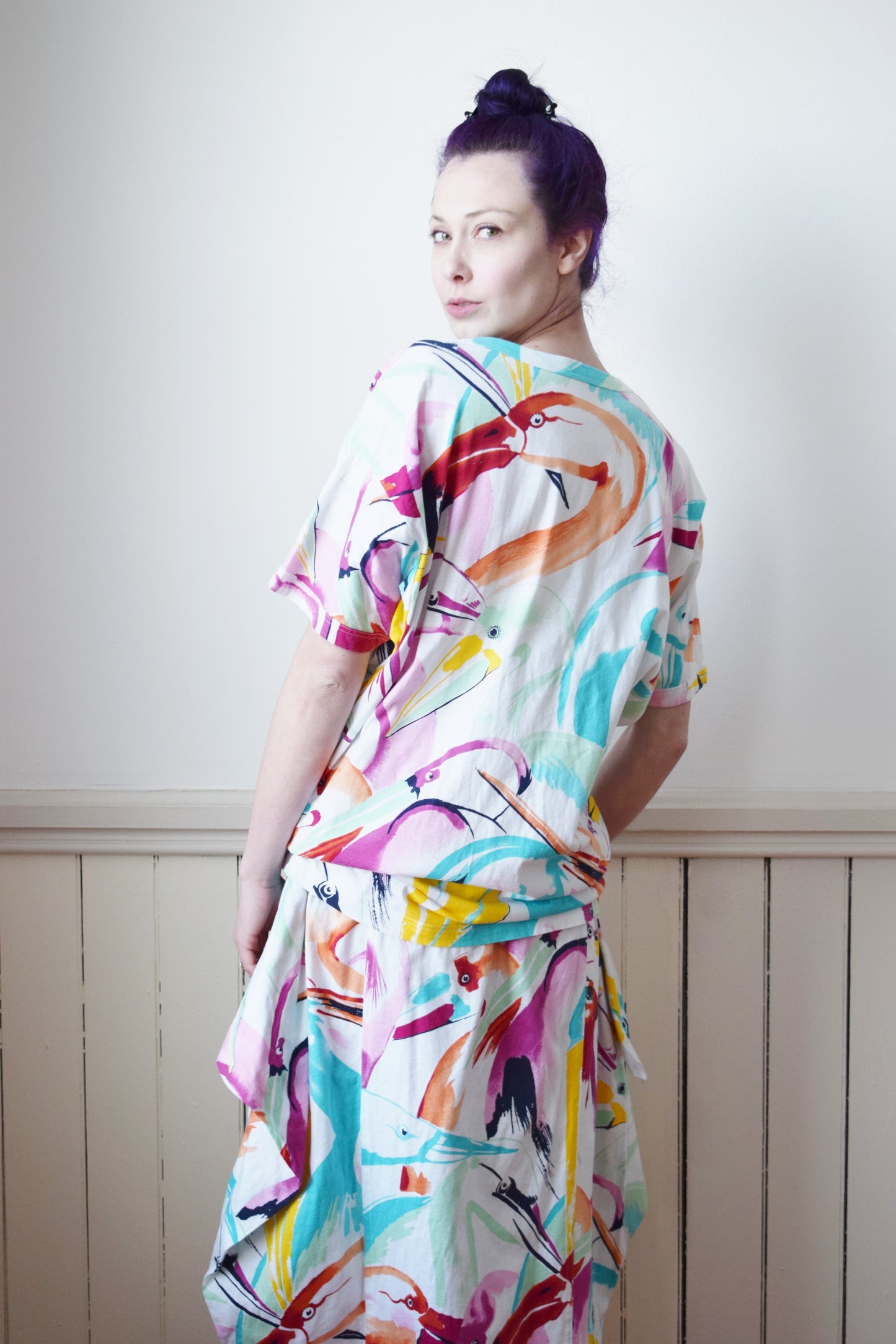 1980s Escada Tropical Bird Print Dress Set | M-L