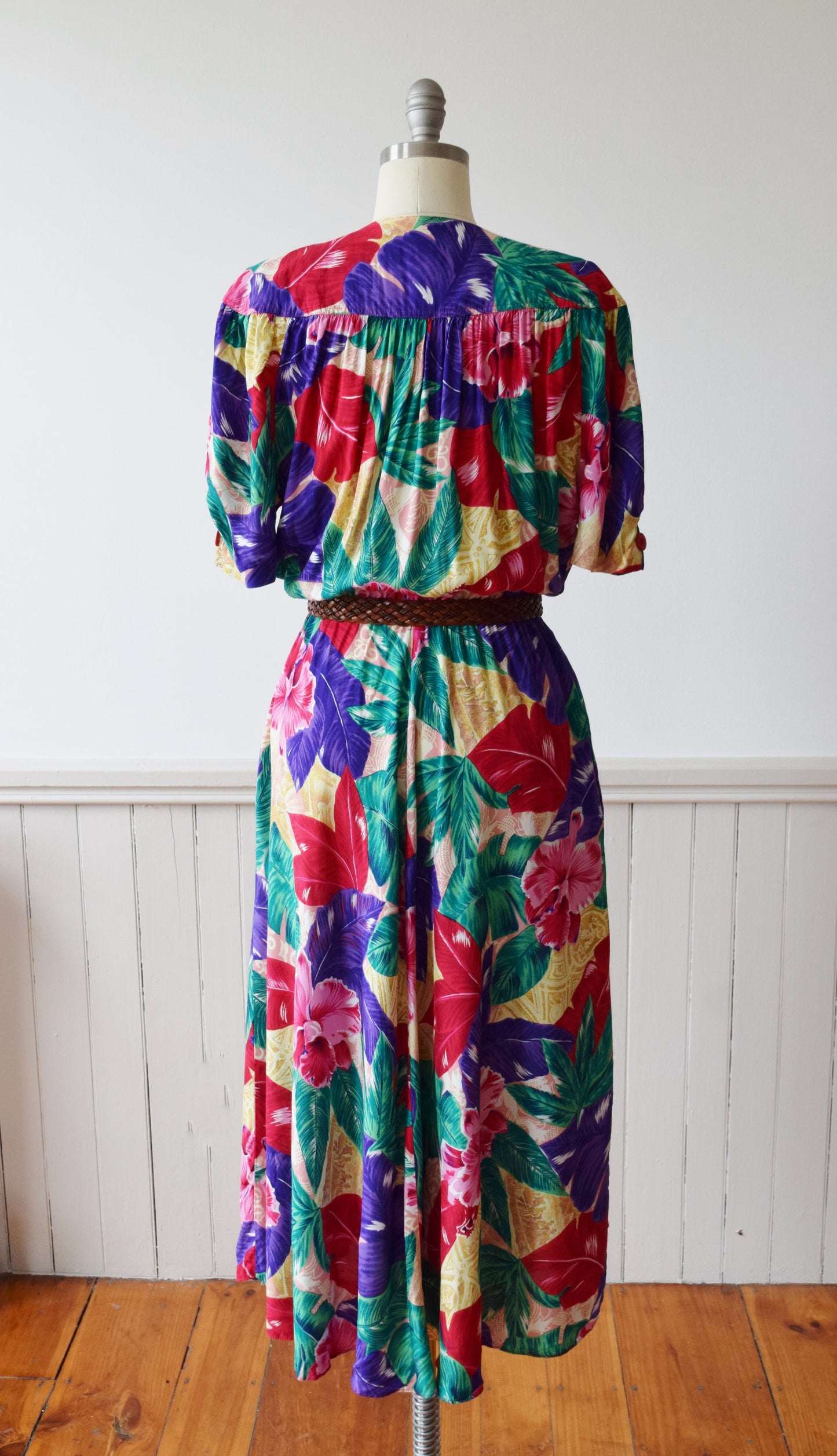 Vintage Tropical Rayon Day Dress | 1990s | M