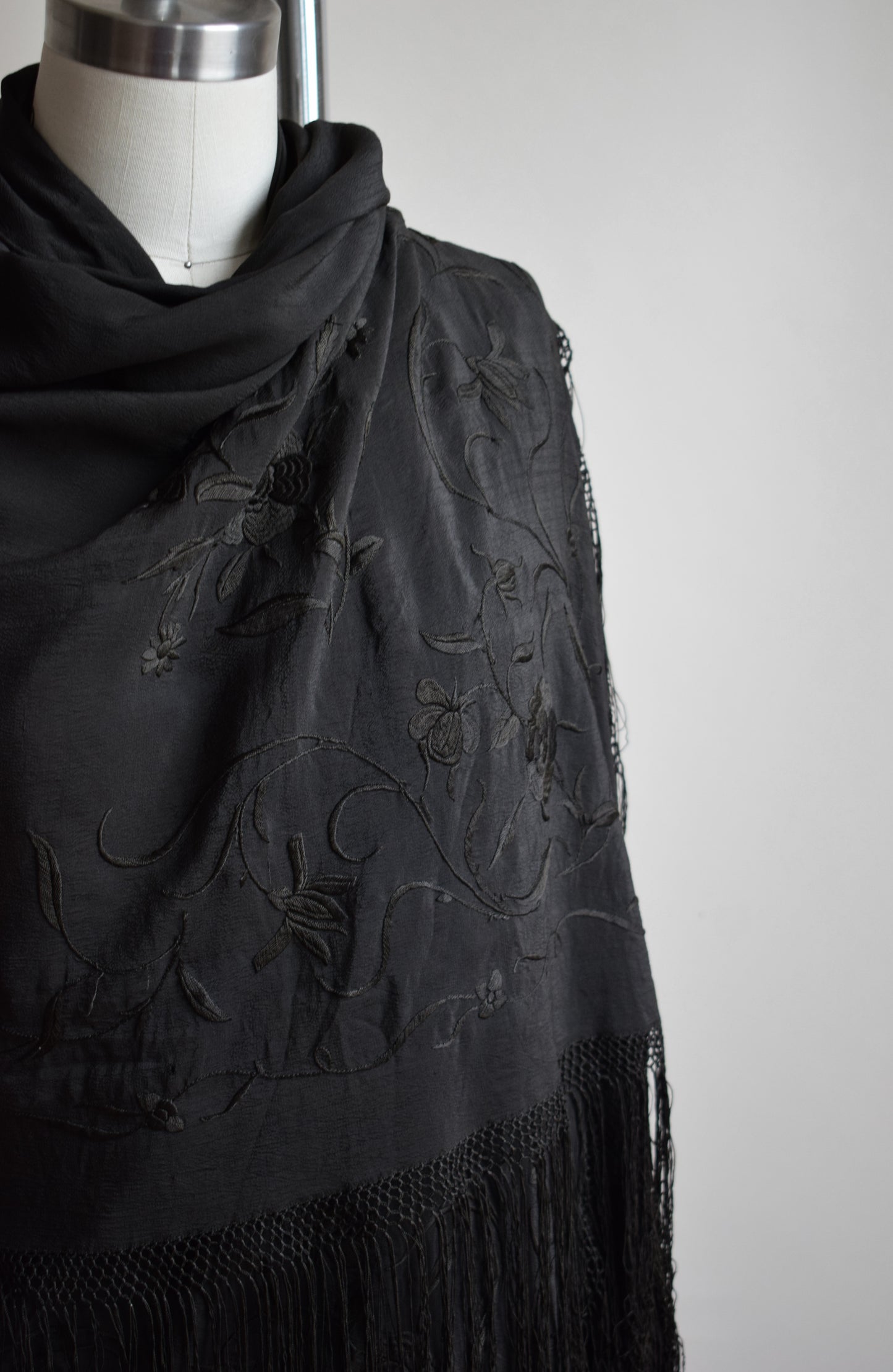 Antique Black Embroidered Silk Piano Shawl