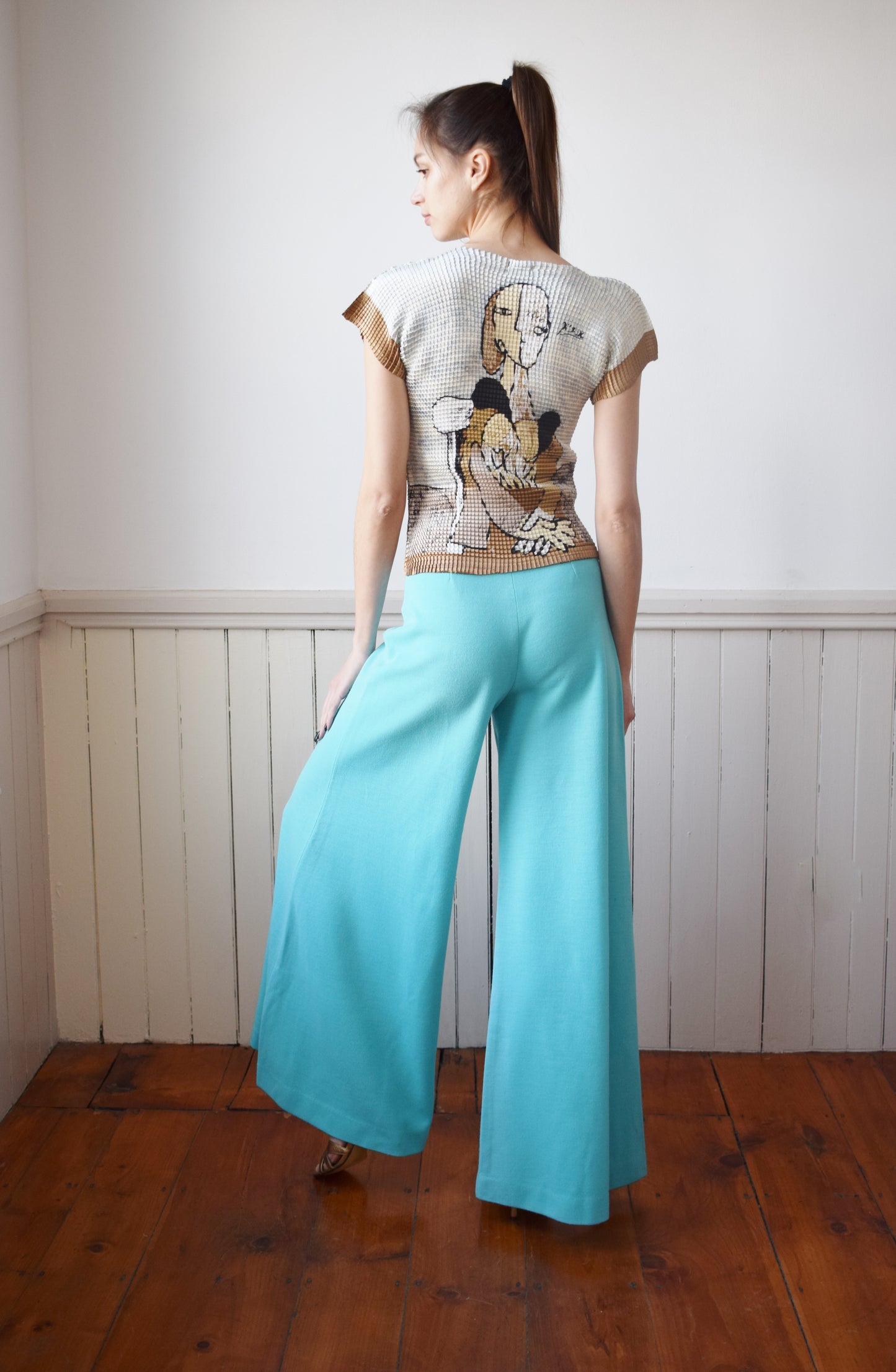 1970s Teal Knit Ultra Wide Leg Pants | XS