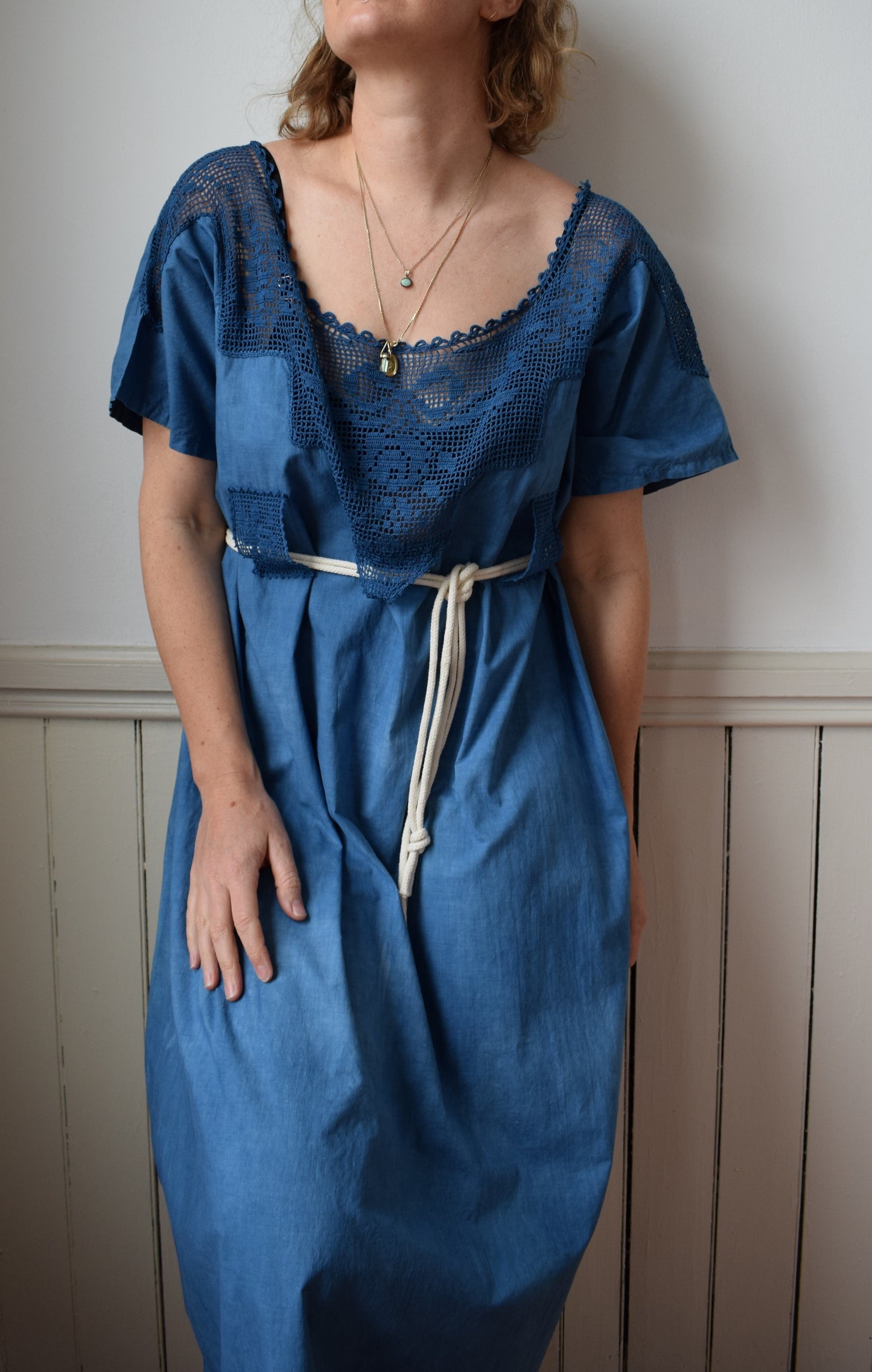 Indigo Dyed Antique Cotton and Crochet Dress | L/XL