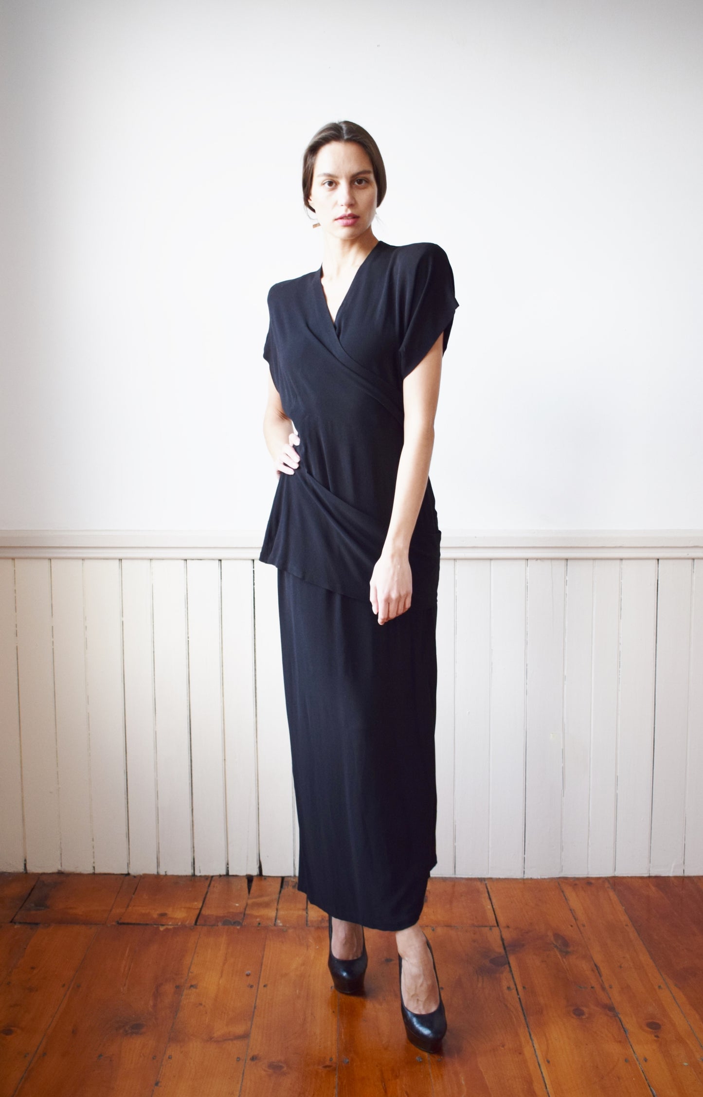 1940s Gilbert Adrian Black Rayon Crepe Gown | S/M