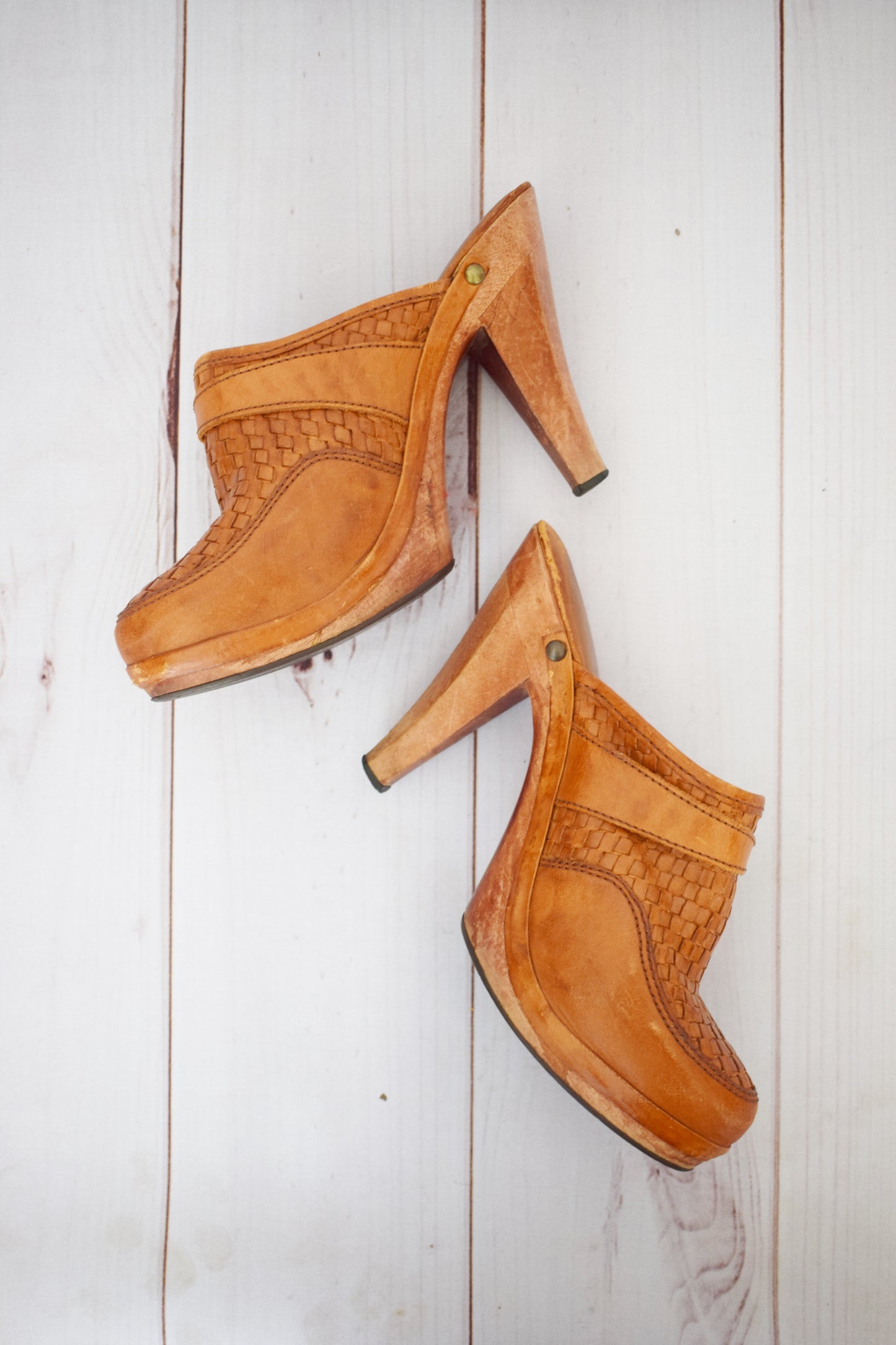 1970s High Heel Wood + Leather Clogs | US 8 1/2