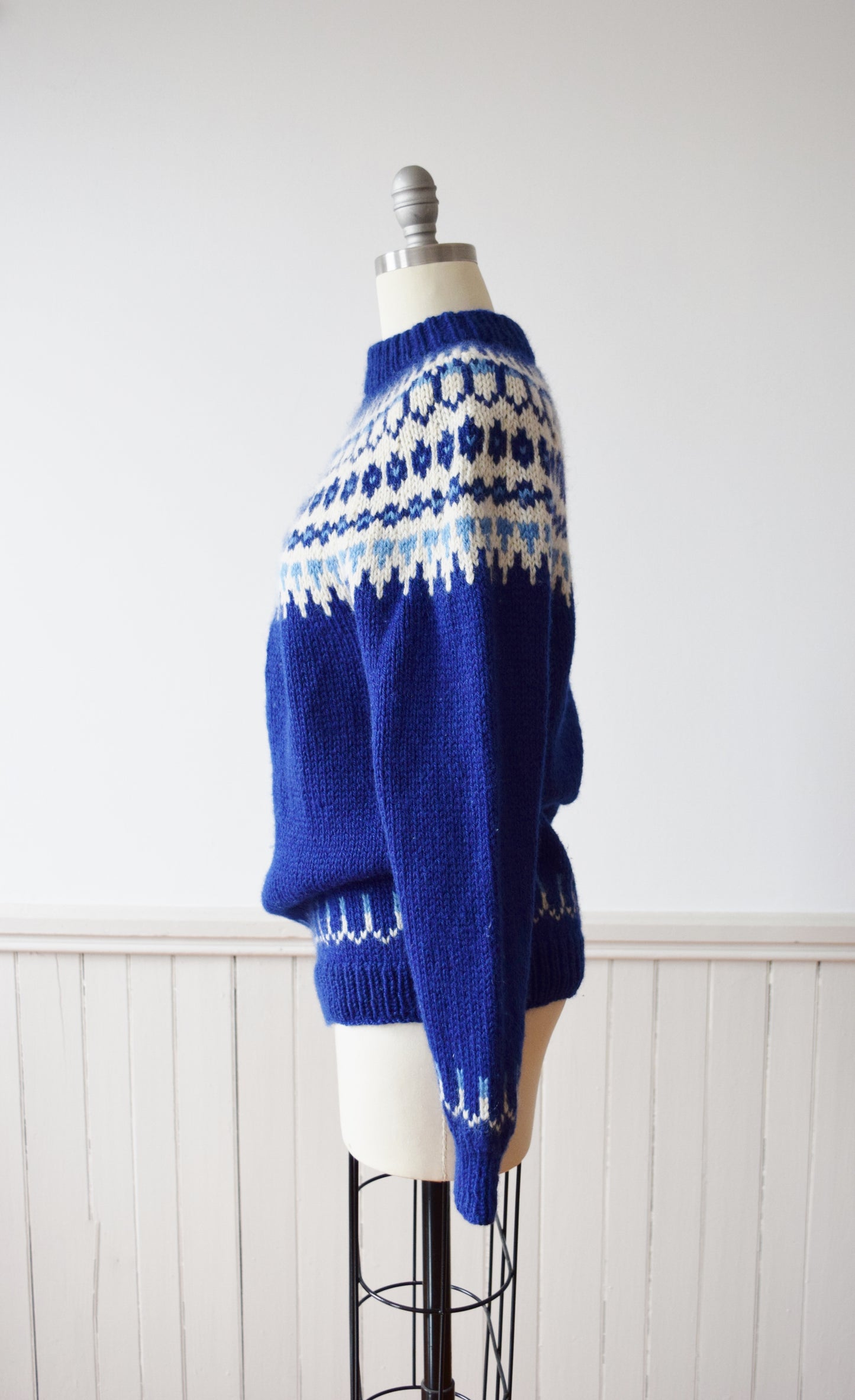 Chunky Blue Fair Isle Knit Sweater | 1980s Hand Knit Pullover | M