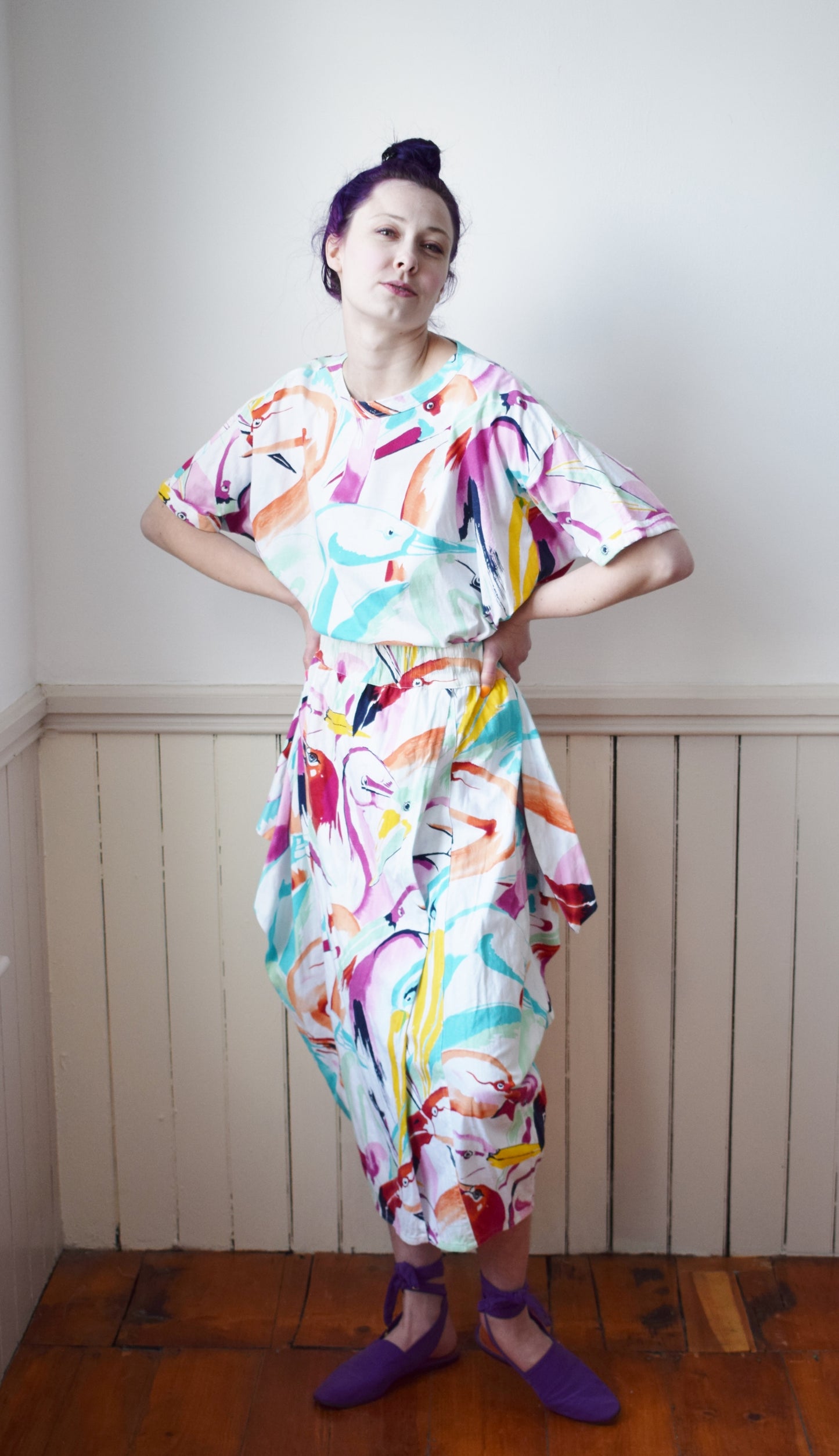 1980s Escada Tropical Bird Print Dress Set | M-L
