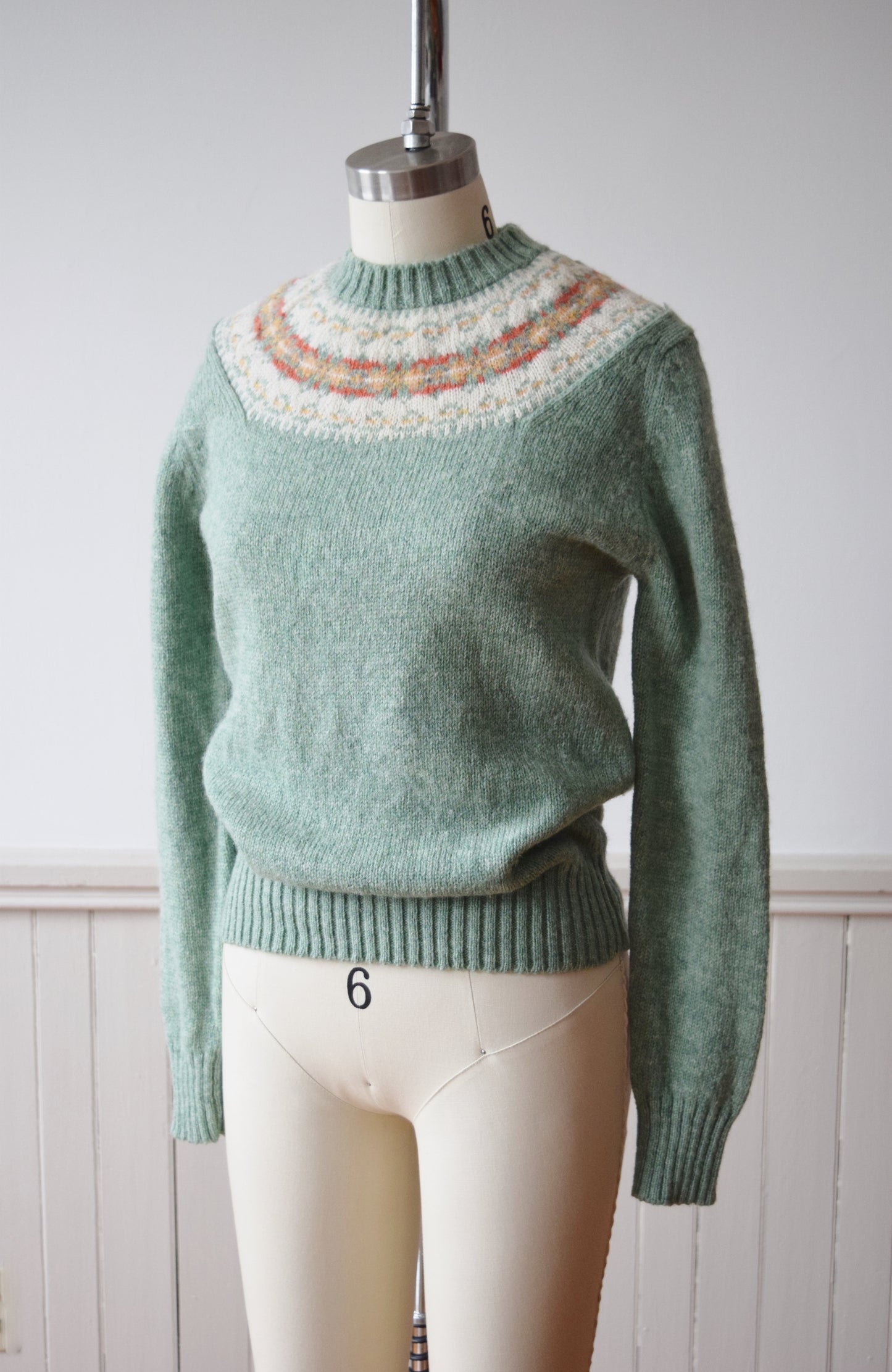 1970s Fair Isle Sage Green Pullover Sweater | S-S/M