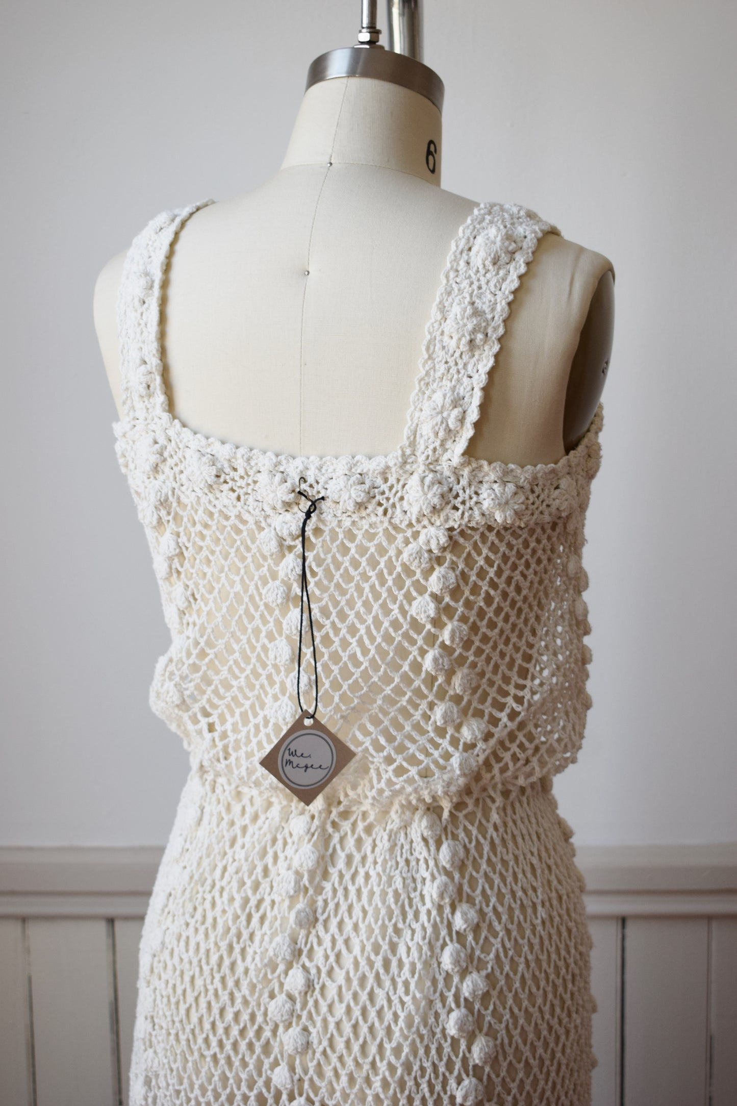 1970s Cotton Popcorn Crochet Dress | S/M